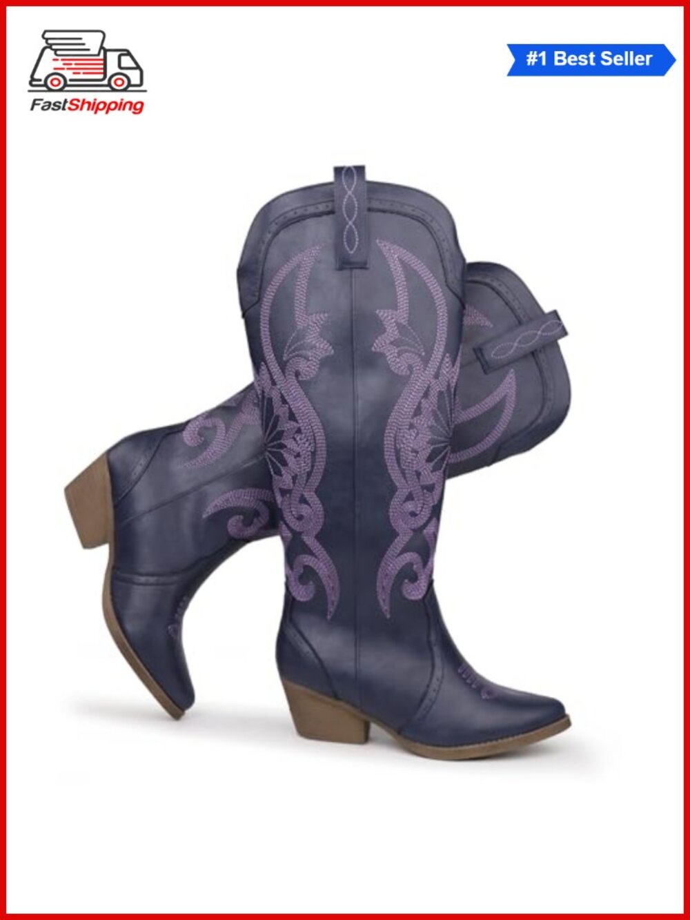✨ Western Cowboy Boots Pointed Toe Block Heel Embroidered Knee High Slip On